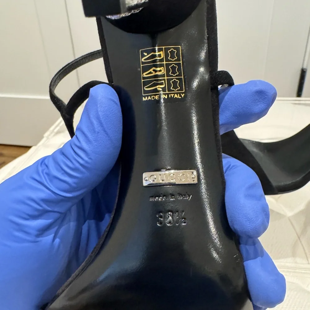 (SOLD) Gucci Black Suede Crystal-Heel Sandals – Size 38.5 - Picture 10 of 10